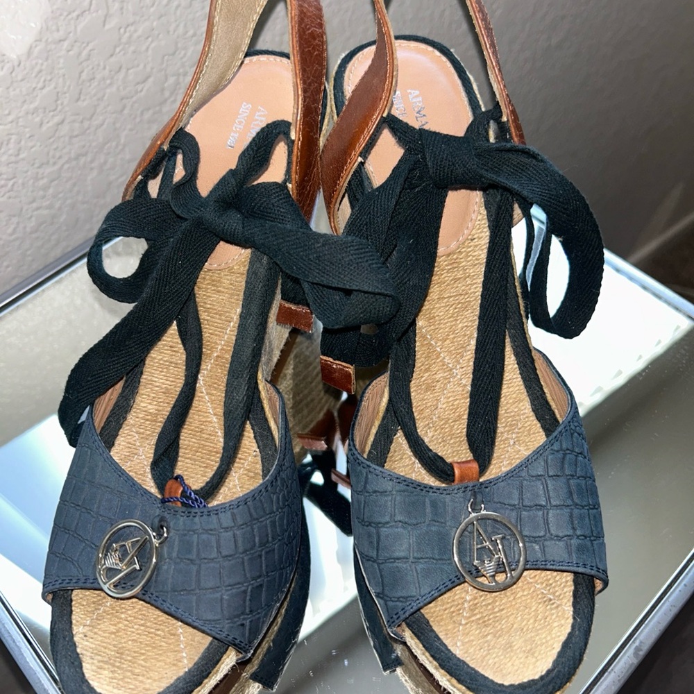 Armani Jeans Navy and Brown Espadrille Wedge Sandals - Picture 2 of 3